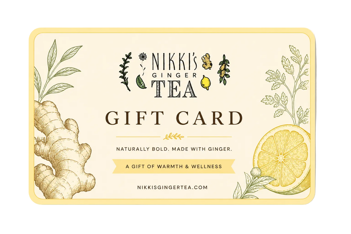 A rectangular Nikki's Ginger Tea gift card with rounded corners, featuring ginger root and lemon illustrations on a warm cream background with a pale yellow border.