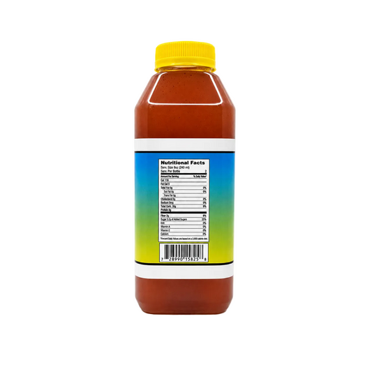 A plastic bottle of tea shown from the back, featuring a bright yellow cap, reddish-brown sauce inside, and a white label with a blue-to-yellow gradient and a visible Nutrition Facts panel.