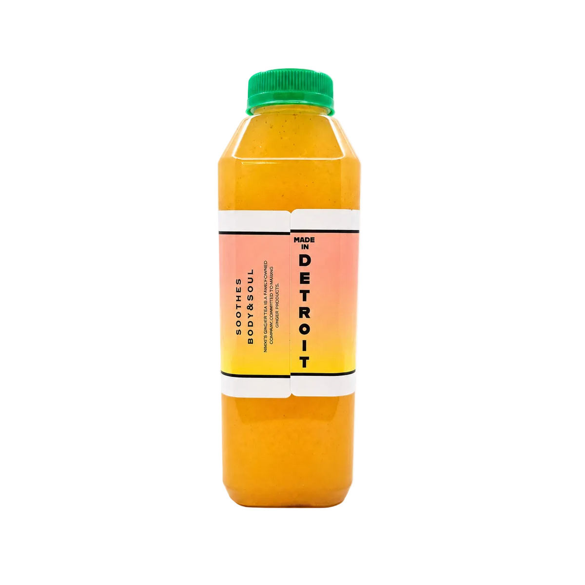 A bottle of Peach Ginger Lemonade, featuring a vibrant orange-yellow liquid inside a clear plastic bottle with a green cap and a pink-to-yellow gradient label.