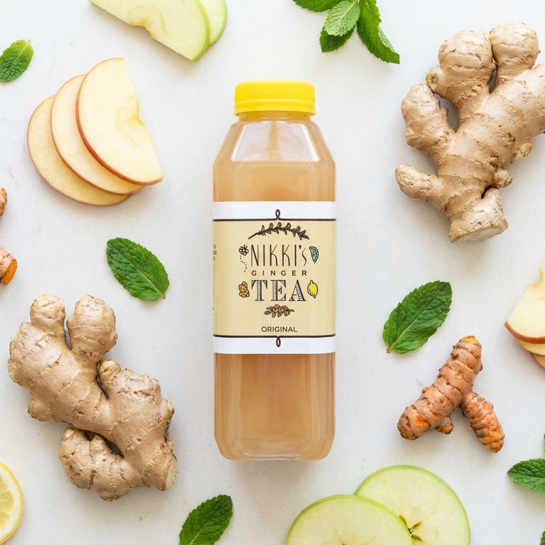 Nikki's Ginger Tea Original bottle surrounded by fresh ginger, turmeric, lemon, mint, and apple