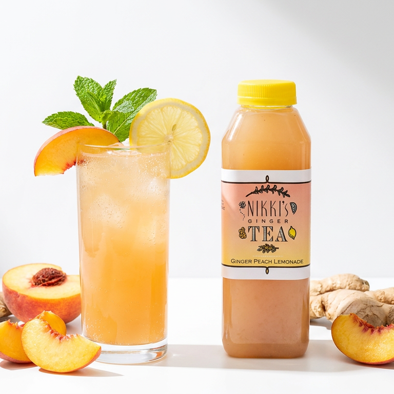 Peach ginger lemonade mocktail beside a Nikki's Ginger Peach Lemonade bottle