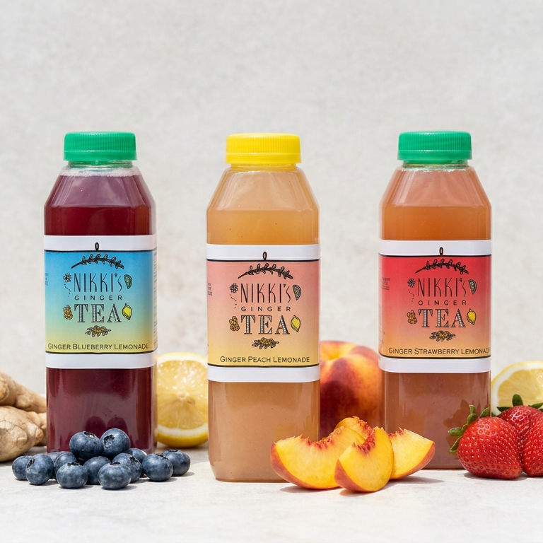 Nikki's Ginger Blueberry, Peach, and Strawberry Lemonade bottles with fresh fruit