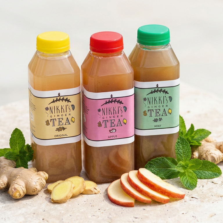 Nikki's Ginger Tea Original, Apple, and Mint bottles — classic first flavors