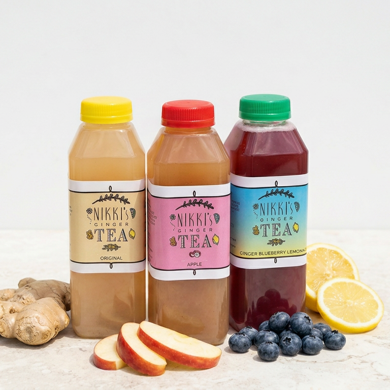 Three Nikki's Ginger Tea flavors grouped with fresh fruit — build a bundle