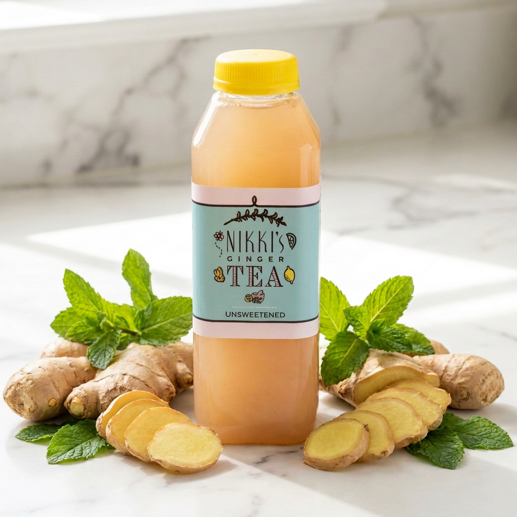 Nikki's Ginger Tea Unsweetened bottle with fresh ginger and mint on white marble