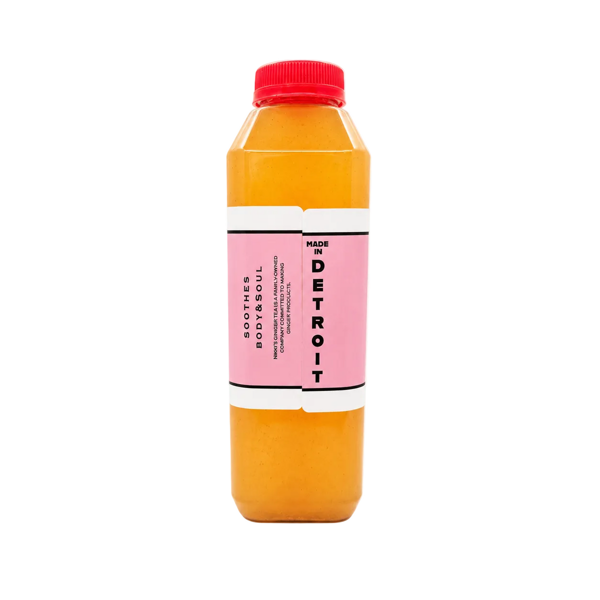 A bottle of apple ginger tea, featuring a bright pink label and a red cap, filled with orange-colored liquid, set against a plain white background.