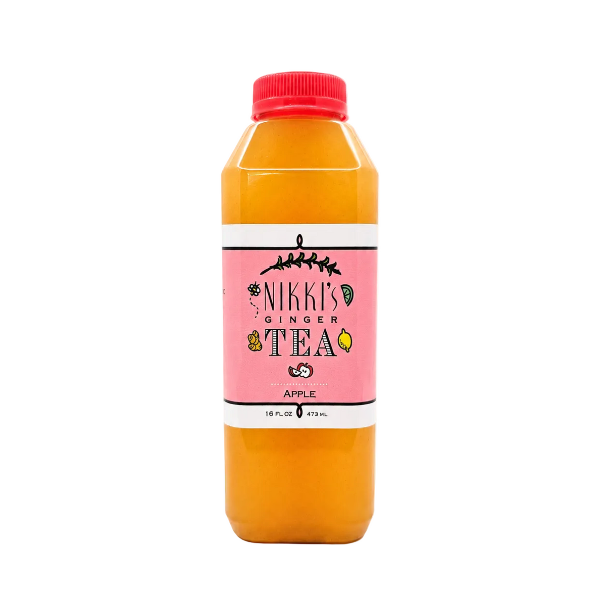 A bottle of Nikki's Ginger Tea Apple flavor, filled with orange tea and featuring a pink label with a red cap, set against a plain white background.