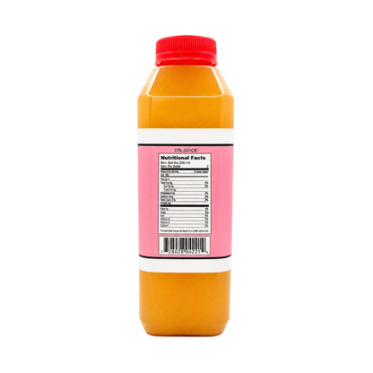 A plastic bottle of apple ginger tea with a red cap, showing the back label with nutrition facts, on a white background.
