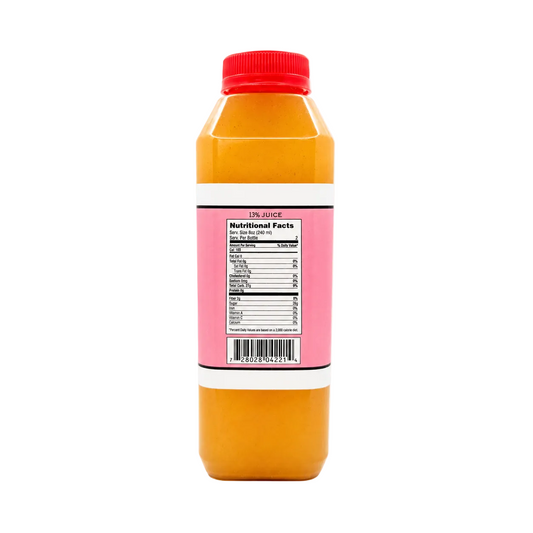 A plastic bottle of apple ginger tea with a red cap, showing the back label with nutrition facts, on a white background.