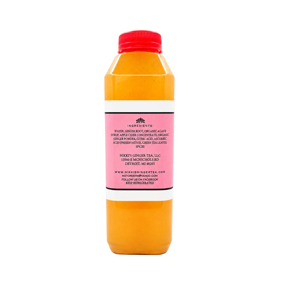 Back of a plastic bottle of Nikki's Ginger Tea with a pink label listing ingredients, company contact information, and refrigeration instructions.