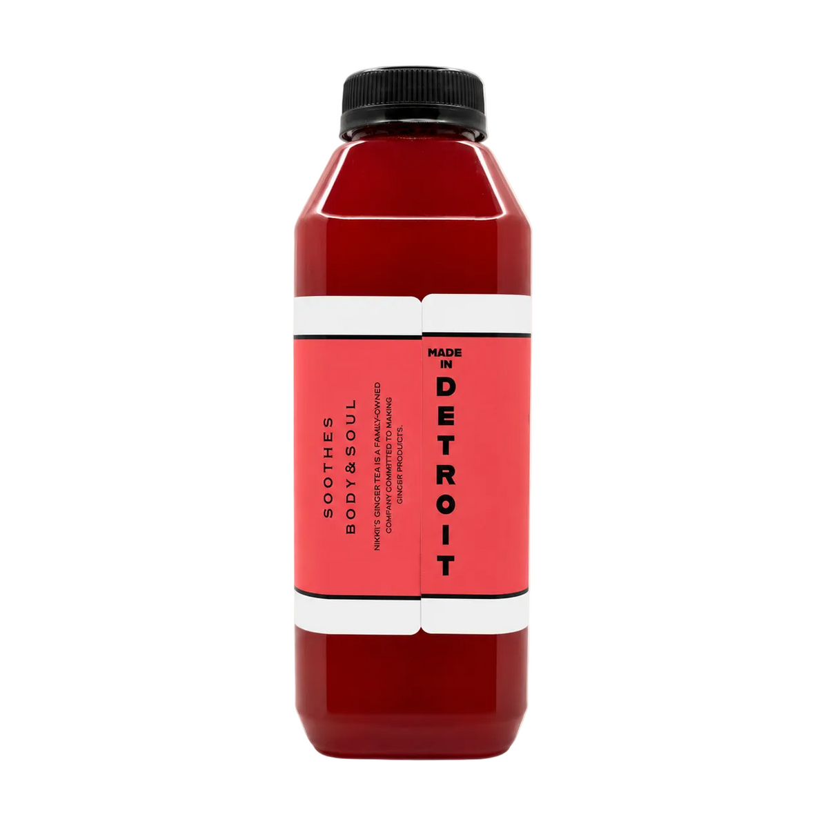 A bottle of red herbal tea, featuring a translucent red bottle with a black cap and a coral-pink and white label, set against a solid white background.