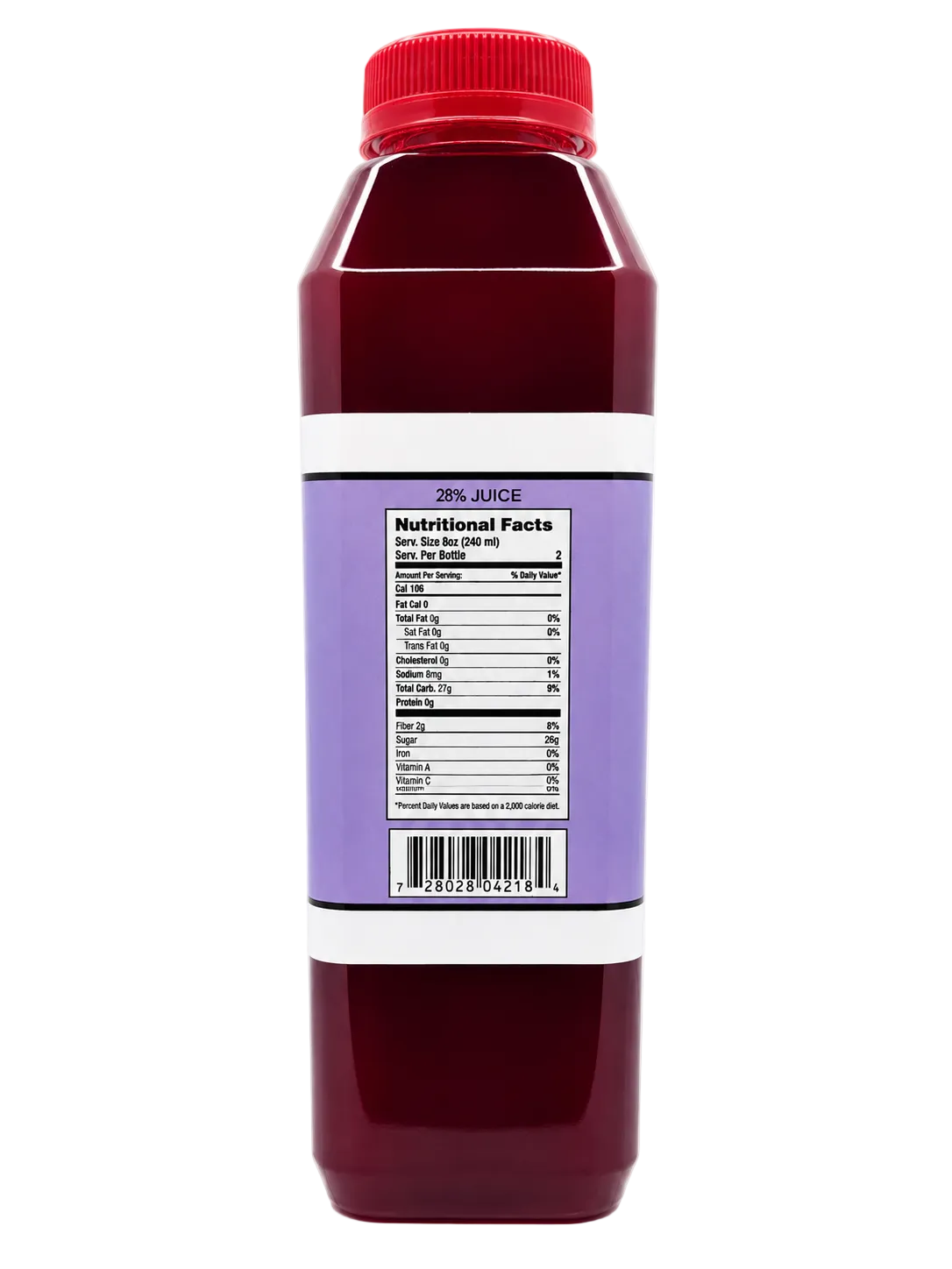 A plastic bottle of dark red juice with a red cap and a purple label showing the nutritional facts, isolated on a white background.