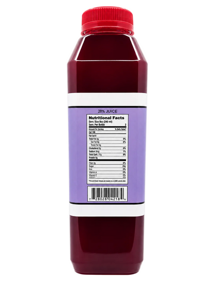 A plastic bottle of dark red juice with a red cap and a purple label showing the nutritional facts, isolated on a white background.