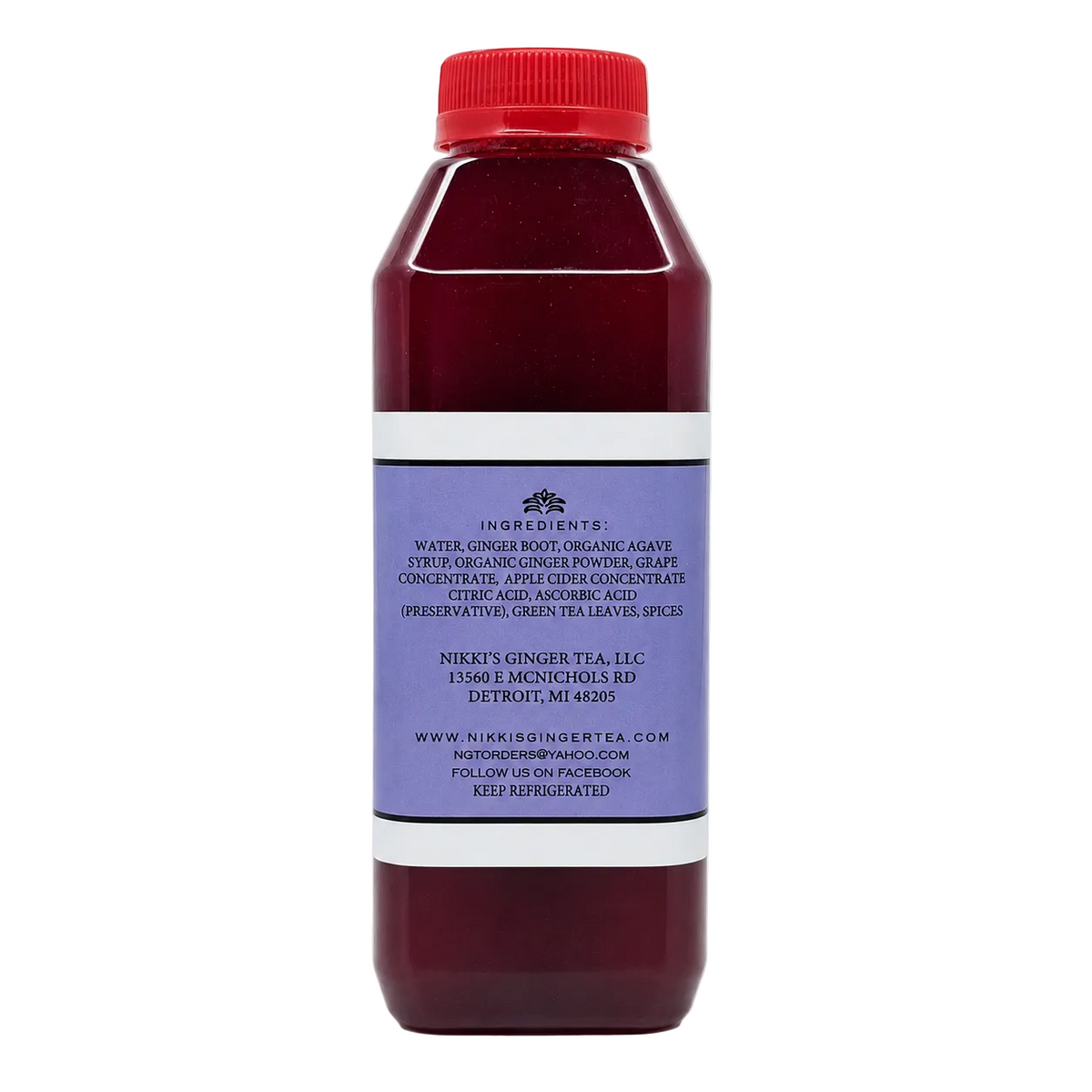 A bottle of maroon tea with a red cap and a purple label, shown on a clean white background.