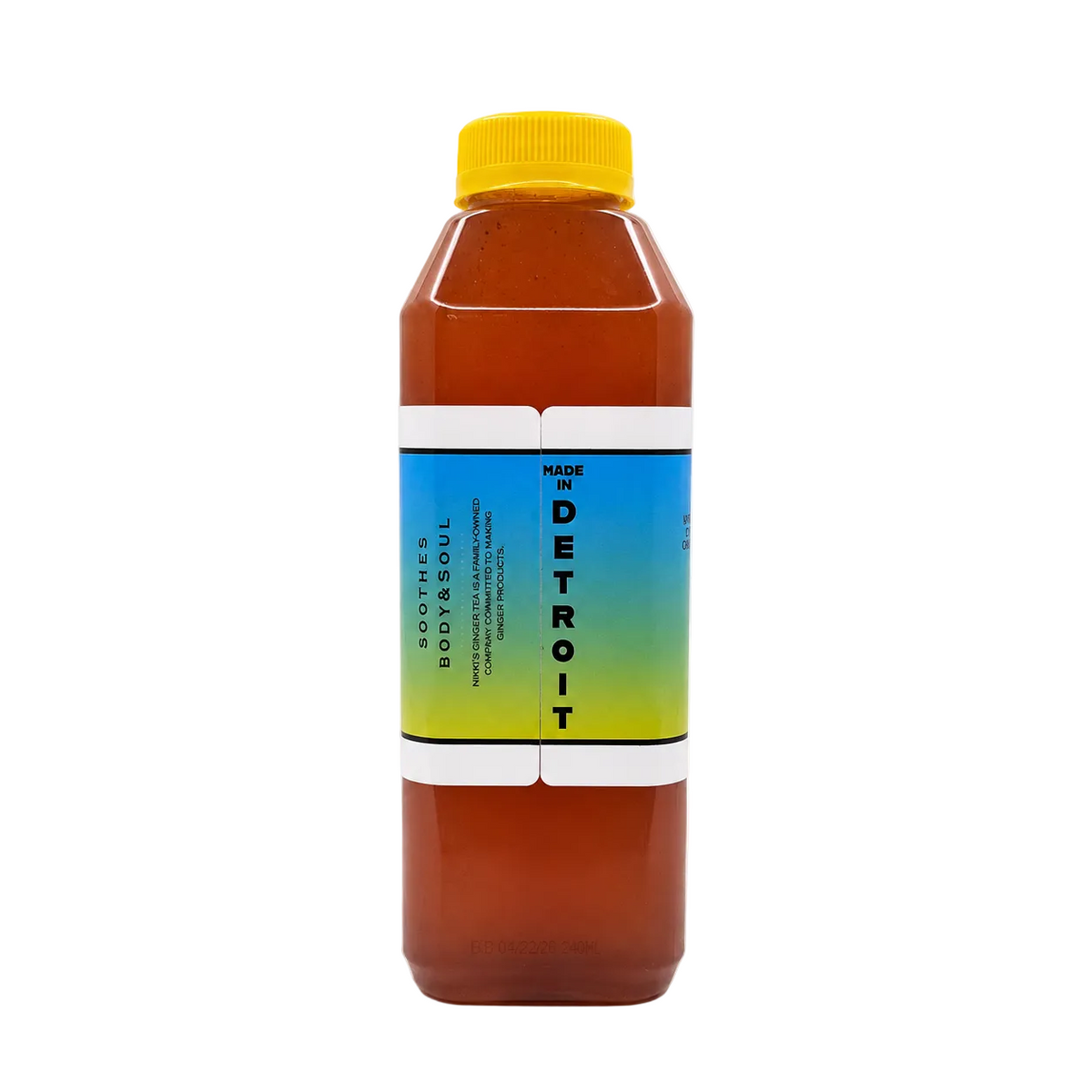 A bottle of tea, featuring amber liquid, a bright yellow cap, and a blue-to-yellow gradient label on a white background.