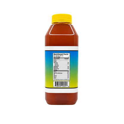 A plastic bottle of tea shown from the back, featuring a bright yellow cap, reddish-brown sauce inside, and a white label with a blue-to-yellow gradient and a visible Nutrition Facts panel.