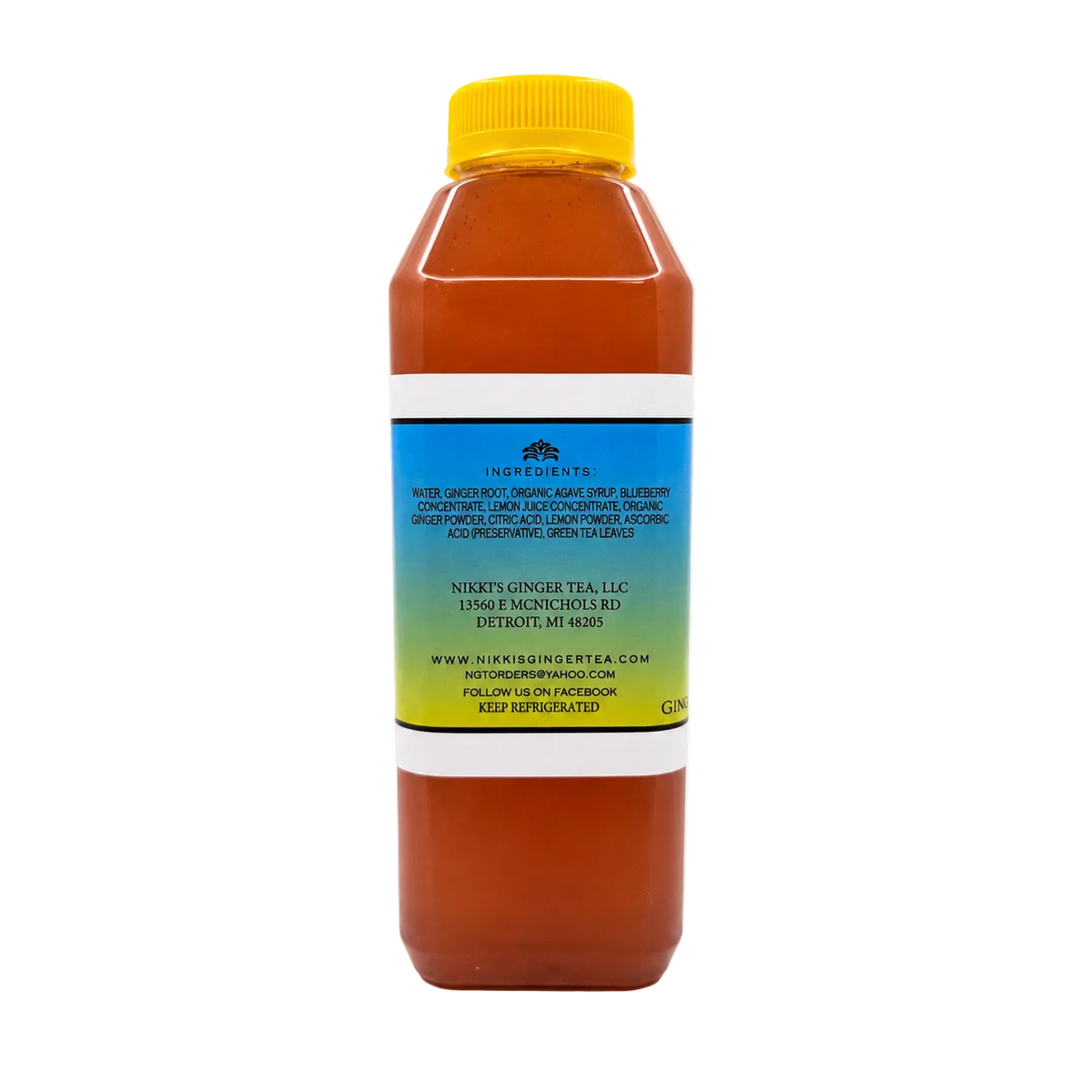 A bottle of tea with a yellow cap and a blue-to-yellow gradient label, shown on a white background.
