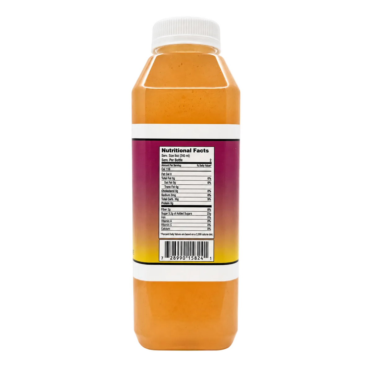 A clear plastic bottle filled with orange juice, shown from the back with a white cap and a white label featuring a purple-to-yellow gradient and a visible Nutrition Facts panel.