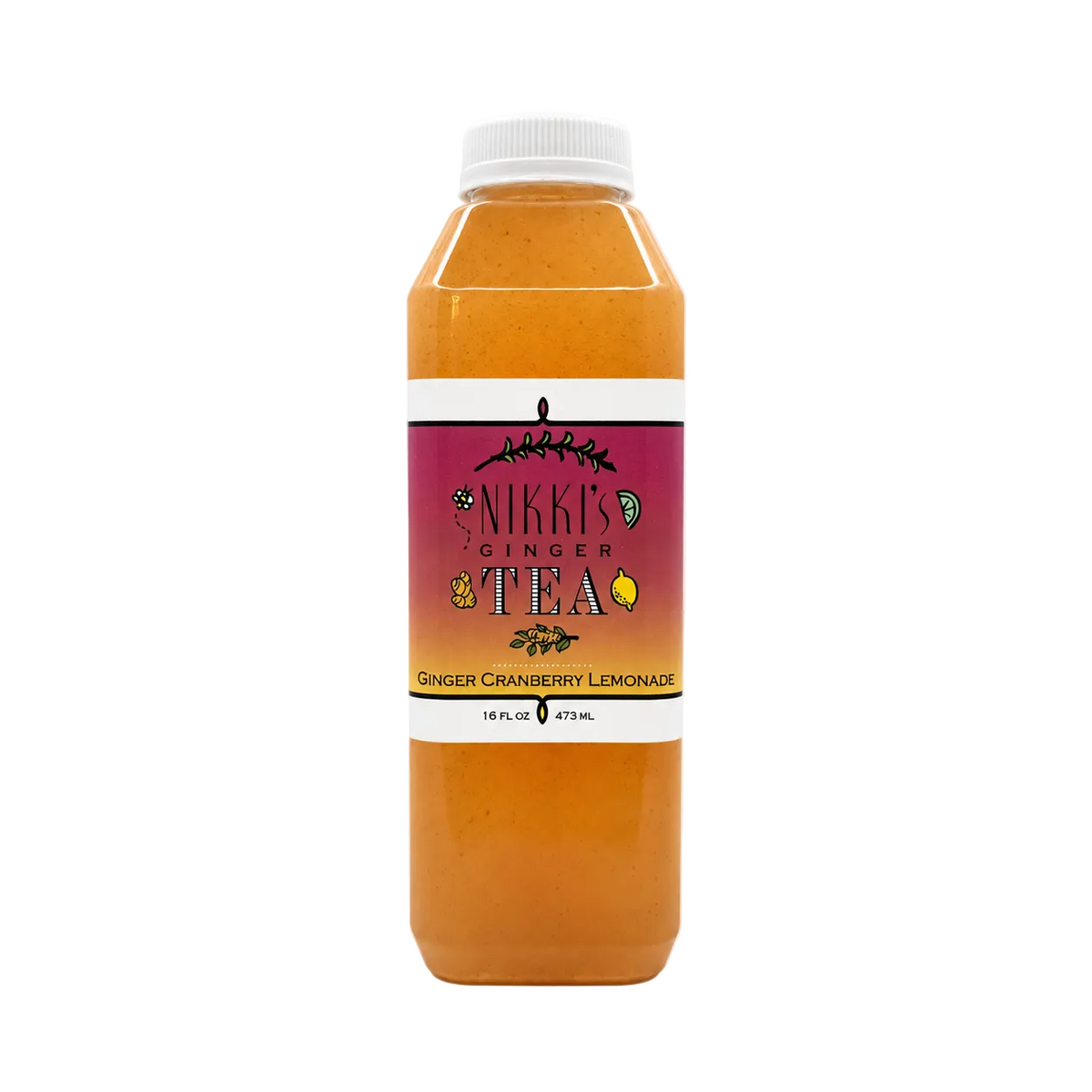 A bottle of Nikki's Ginger Tea in the Ginger Cranberry Lemonade flavor, filled with an orange-amber liquid, featuring a white cap and a magenta label, set against a plain off-white background.