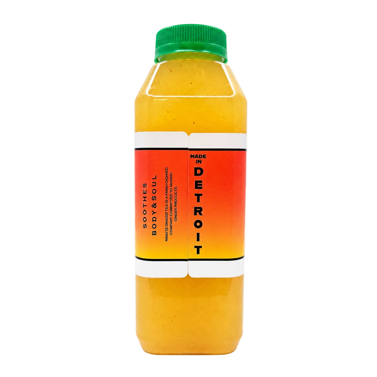 A clear plastic bottle of juice with a green cap, filled with orange-yellow liquid, and featuring a red-to-orange gradient label on a white background.