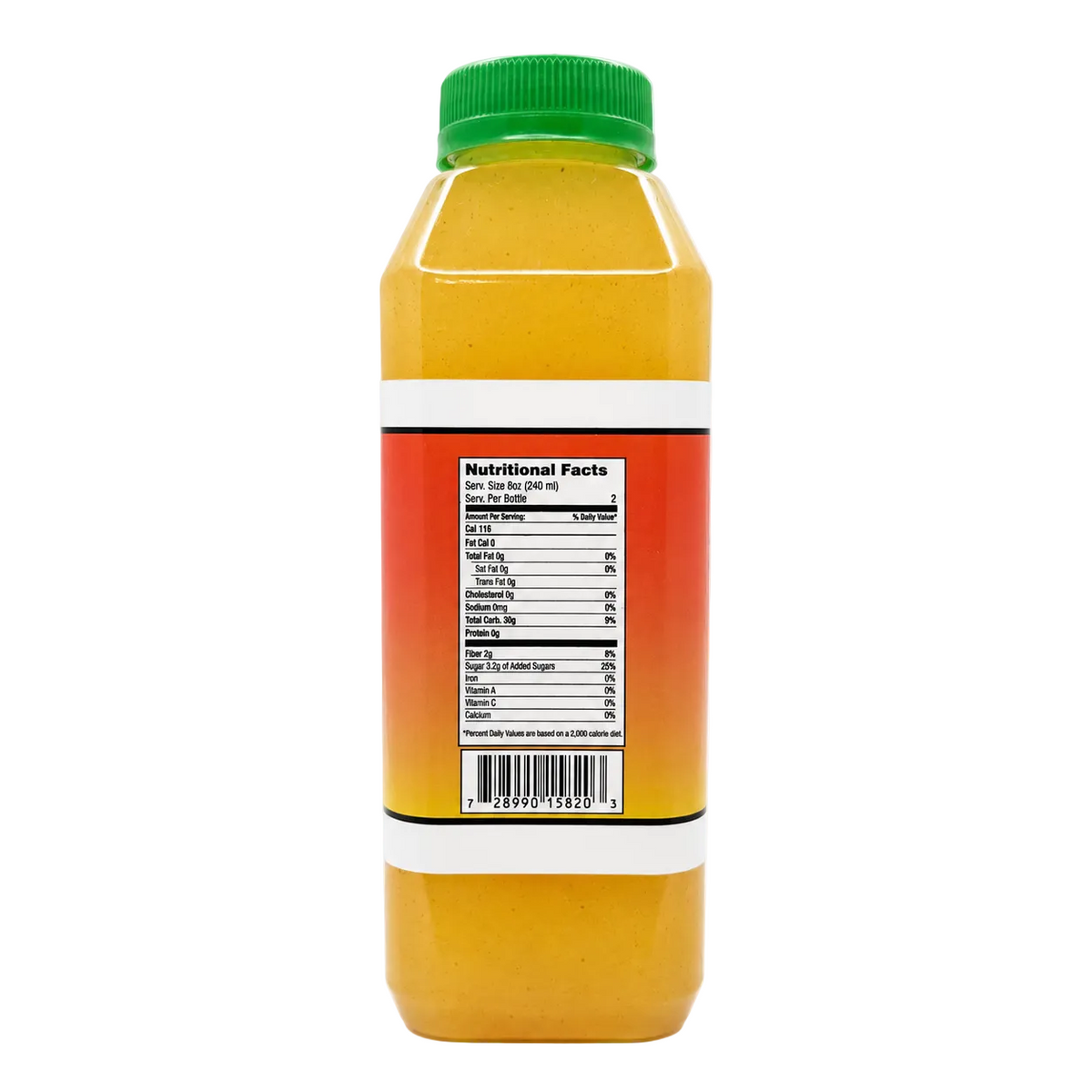 A plastic bottle of orange colored juice with a green cap, showing the back label with nutritional facts, on a plain white background.