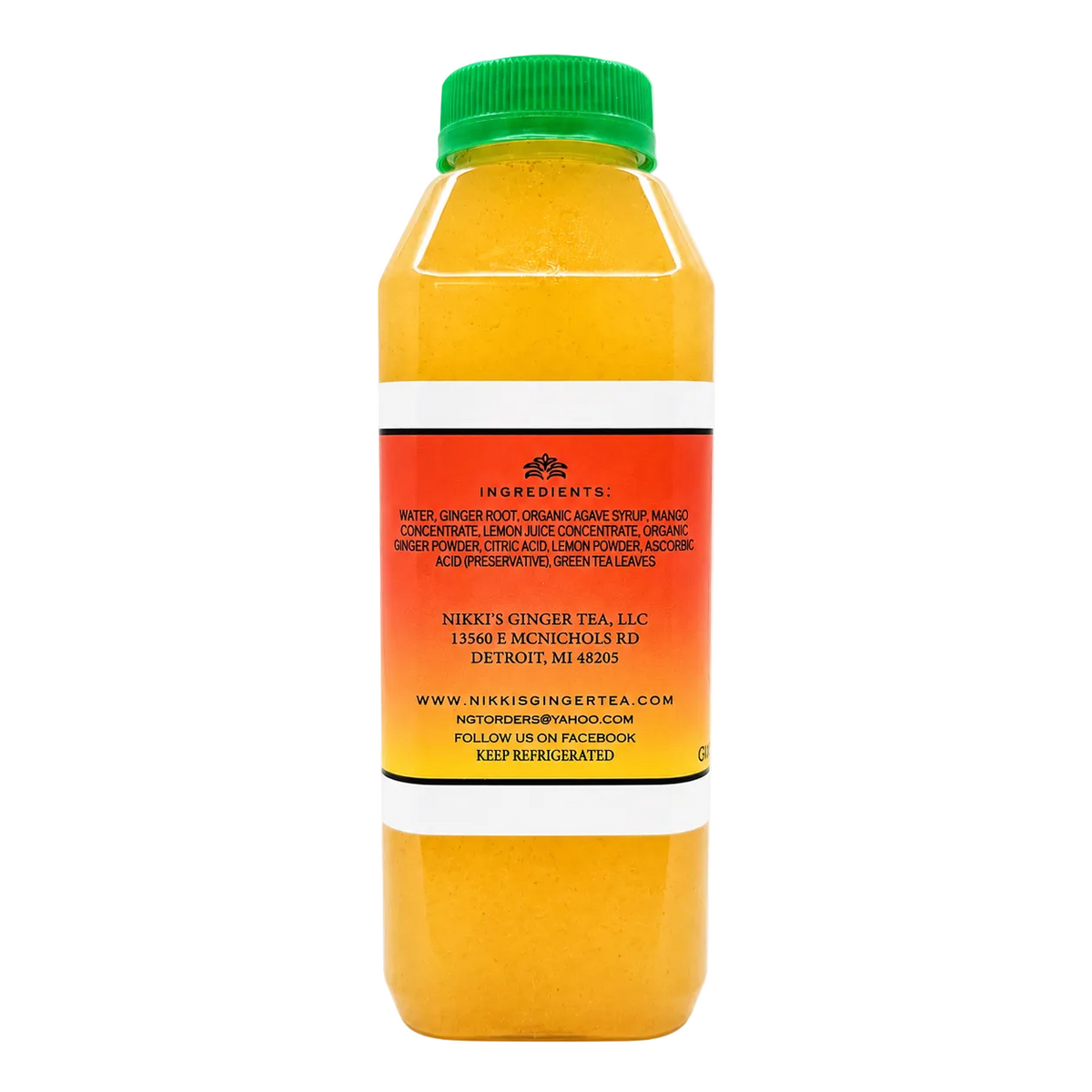 A bottle of Nikki's Ginger Tea with a green cap, showing the back label which is orange, white, and yellow, on a white background.
