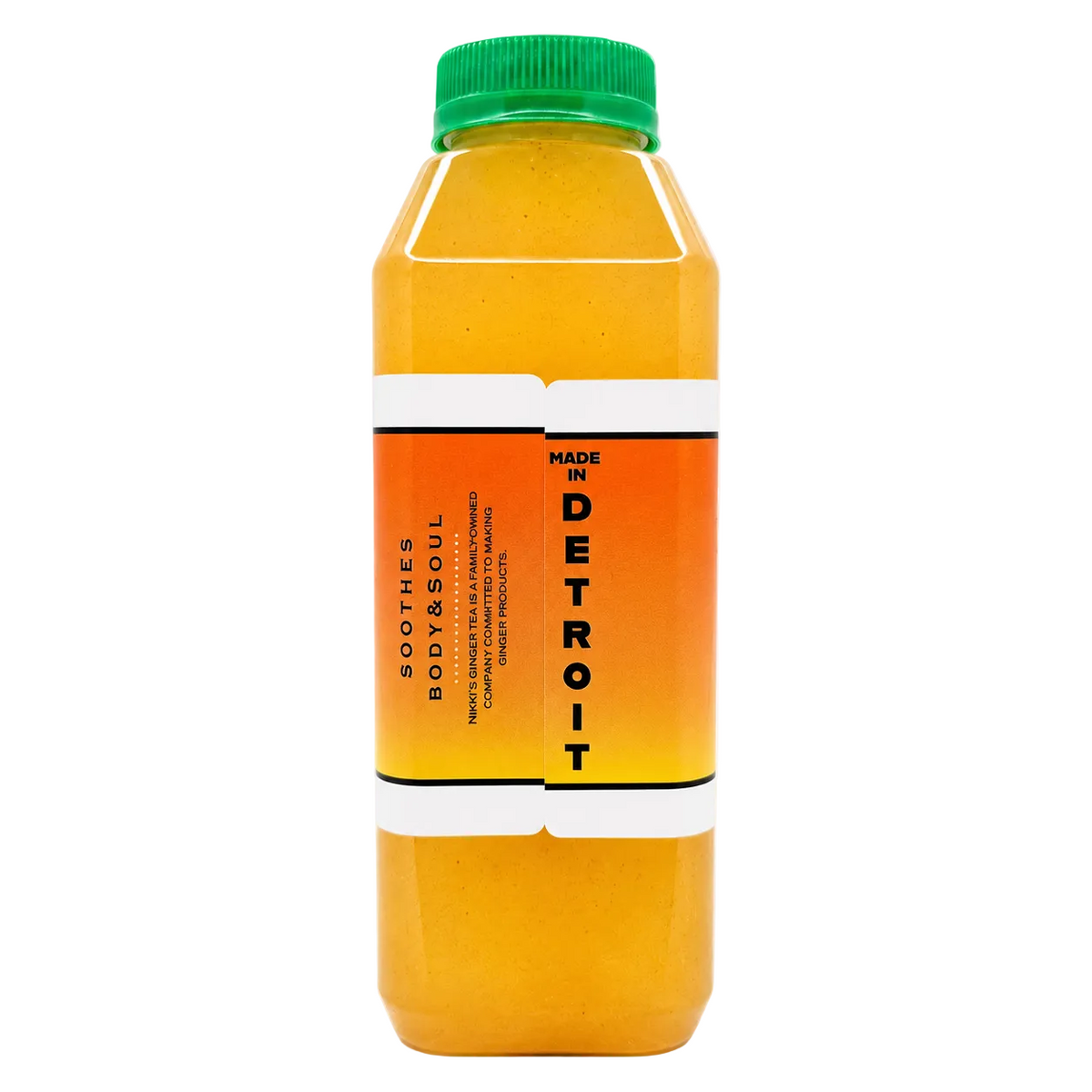 A bottle tea with a green cap and a white, orange, and black label, filled with a yellow-orange liquid, on a white background.