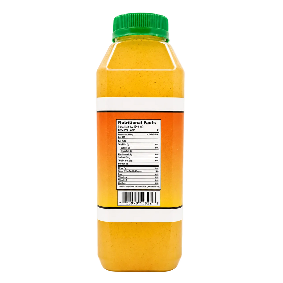 A clear plastic bottle filled with bright orange-yellow powder or granules, sealed with a green cap, and shown from the back with a white label featuring a Nutrition Facts panel.