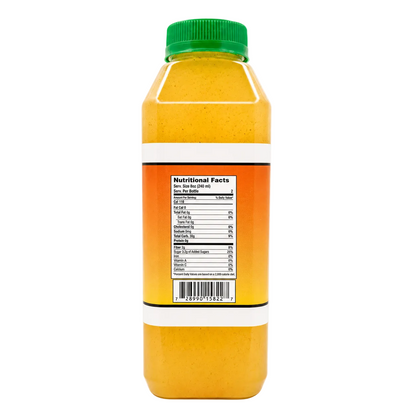 A clear plastic bottle filled with bright orange-yellow powder or granules, sealed with a green cap, and shown from the back with a white label featuring a Nutrition Facts panel.