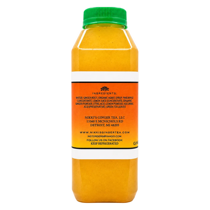 A bottle of tea showing the back of the clear plastic bottle with a green cap, orange label, and white text bands, on a solid white background.