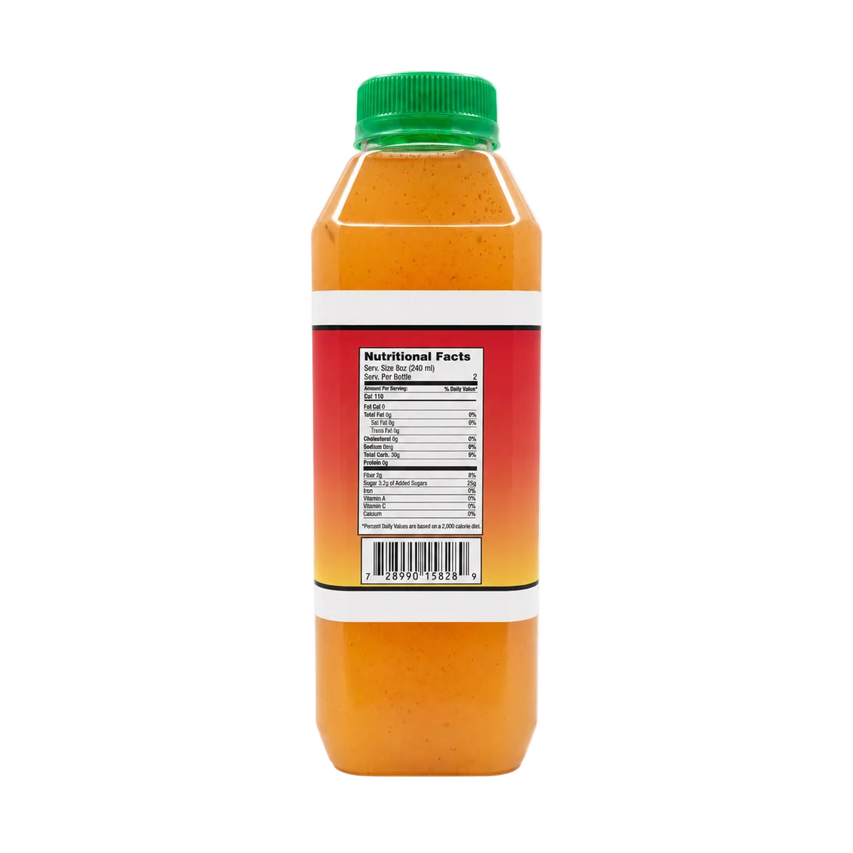 A plastic bottle of orange colored juice shown from the side, featuring a green cap and a red-to-orange gradient label with a white Nutrition Facts panel.