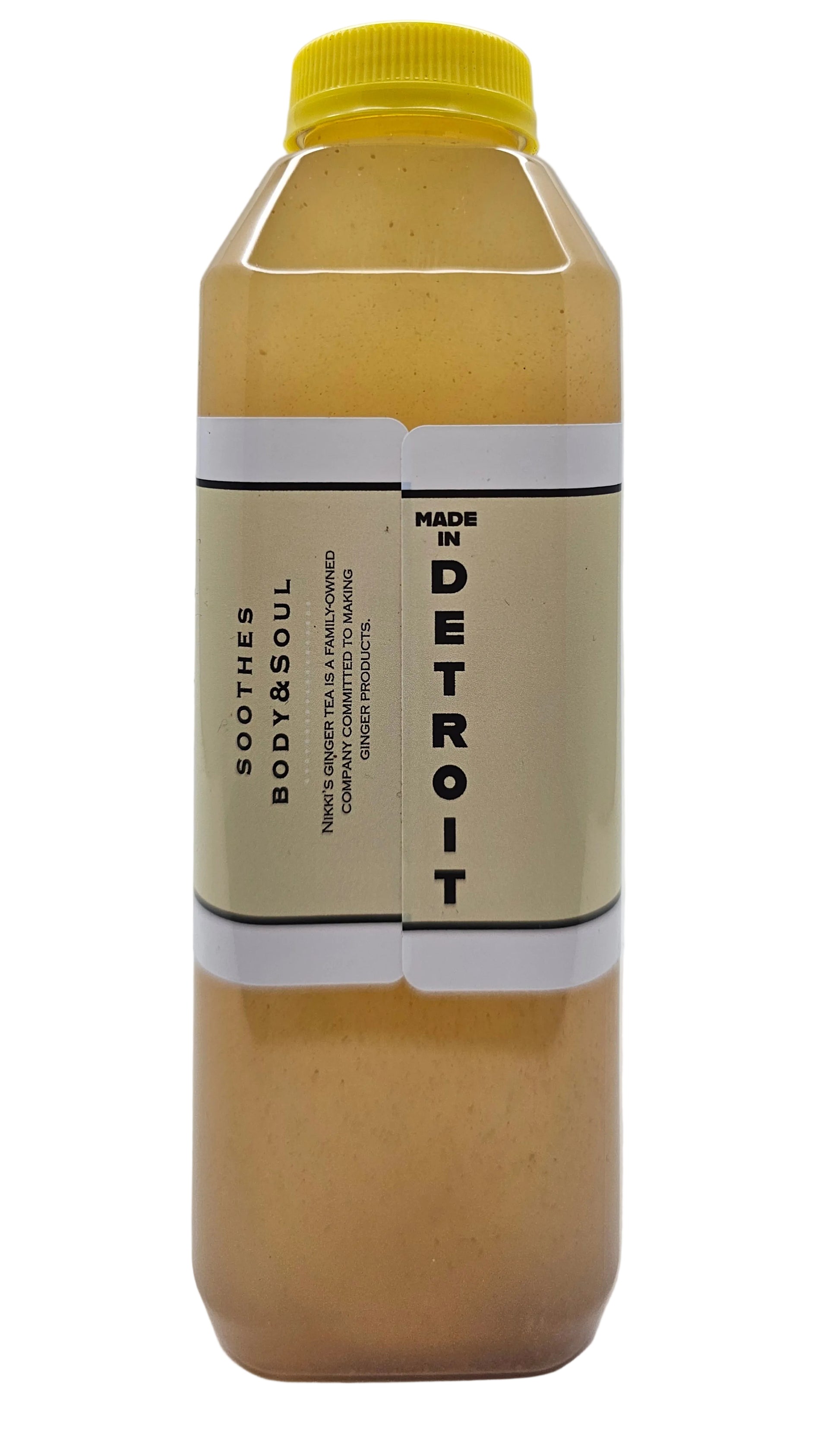 Back view of a Nikki's Ginger Tea Original bottle showing the "Made in Detroit" label text.