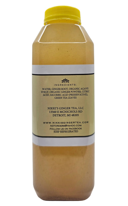 Side view of a Nikki's Ginger Tea Original bottle listing ingredients and Detroit business details.