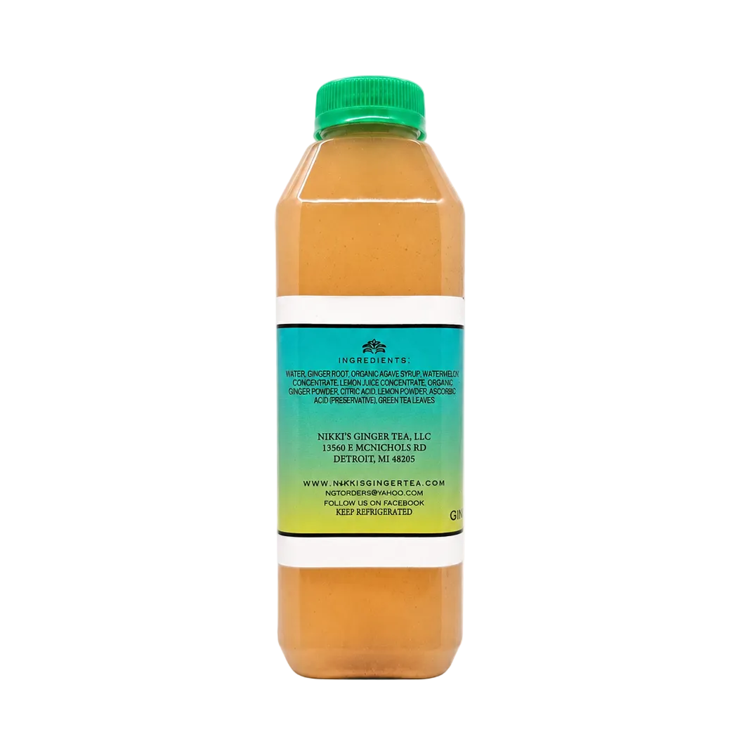 Back view of a clear plastic bottle of Ginger Watermelon Lemonade with a green cap, featuring an aqua label displaying the full list of ingredients, company address in Detroit, MI, website, and refrigeration instructions.