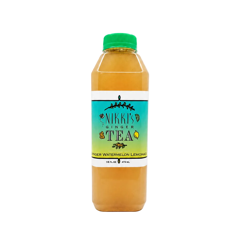 A clear square plastic bottle filled with light orange Ginger Watermelon Lemonade from Nikki's Ginger Tea, featuring a bright green screw cap against a clean white background.
