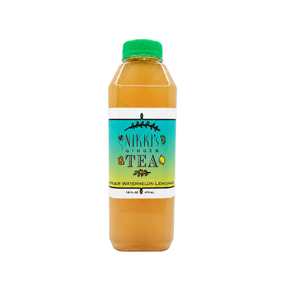 A clear square plastic bottle filled with light orange Ginger Watermelon Lemonade from Nikki's Ginger Tea, featuring a bright green screw cap against a clean white background.