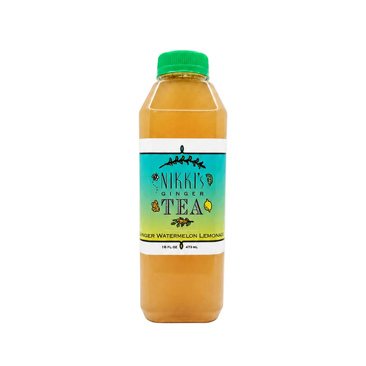 A clear square plastic bottle filled with light orange Ginger Watermelon Lemonade from Nikki's Ginger Tea, featuring a bright green screw cap against a clean white background.