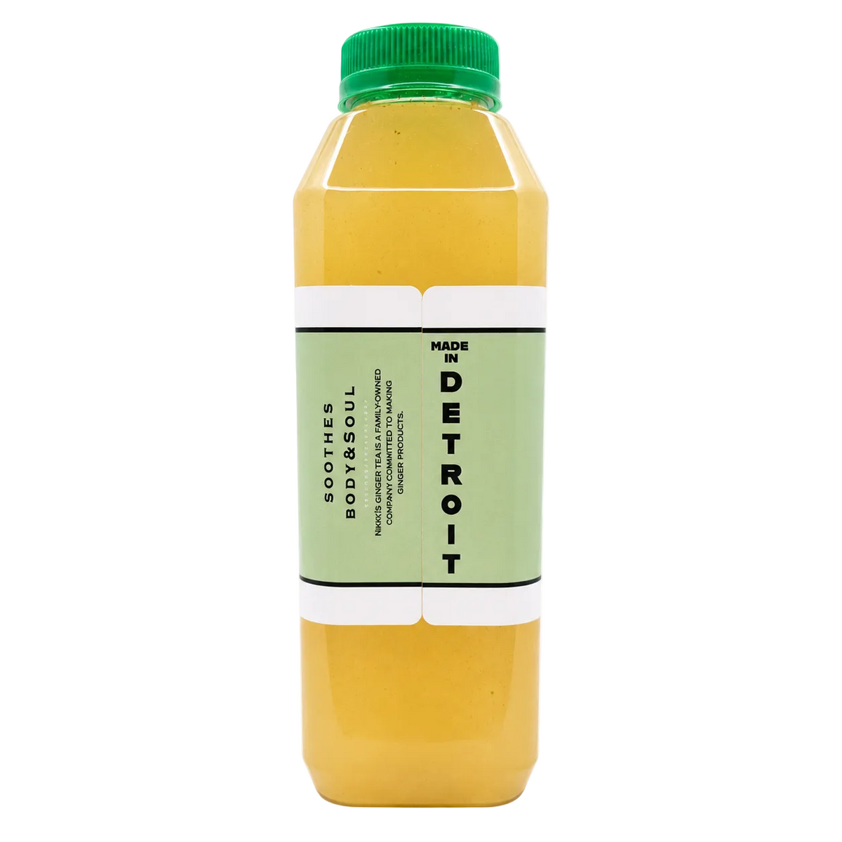 A bottle featuring a translucent yellow liquid, a green cap, and a light green label with black text, set against a plain white background.