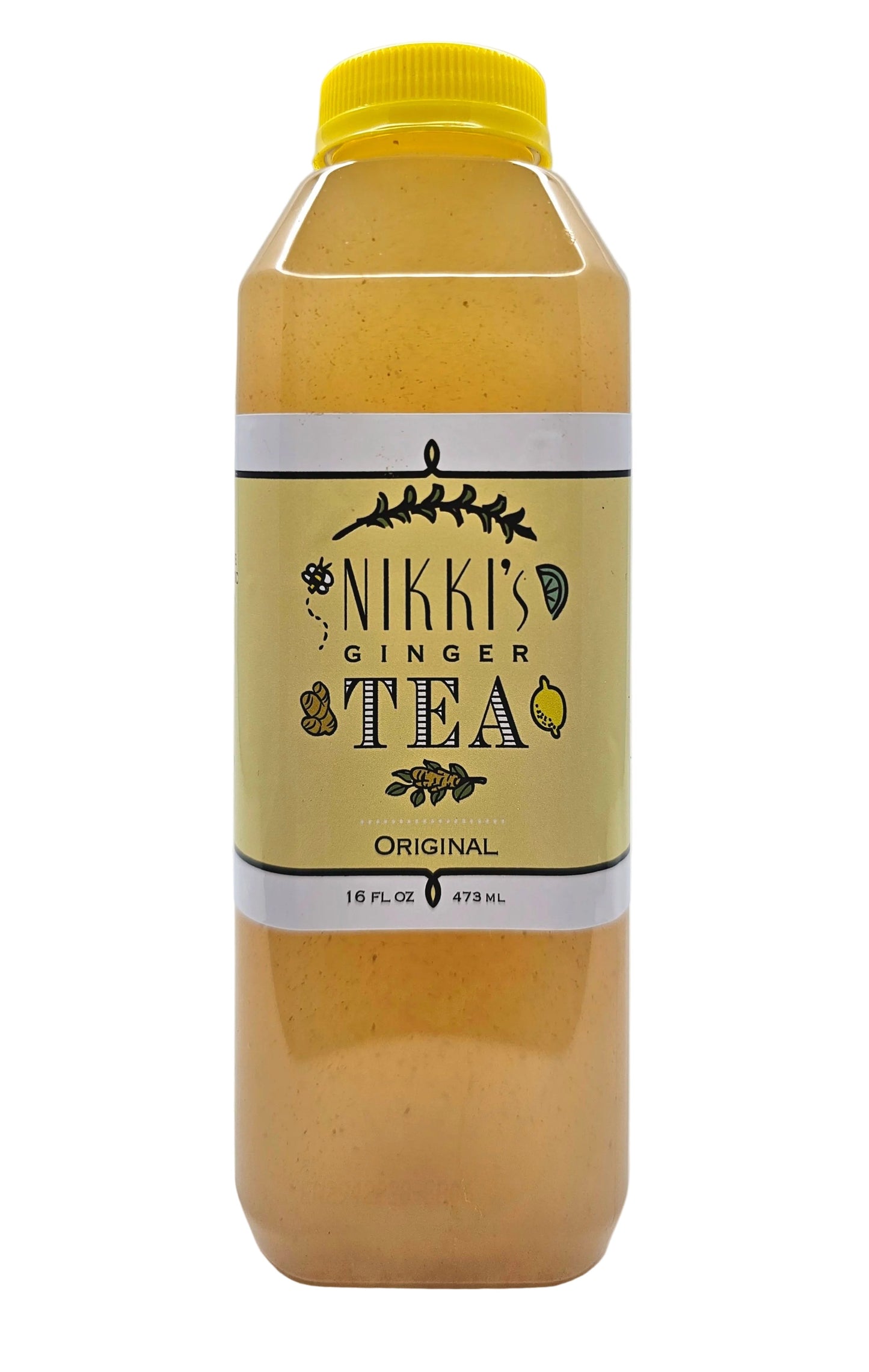 Front view of a 16 fl oz plastic bottle of Nikki's Ginger Tea Original with a yellow cap.