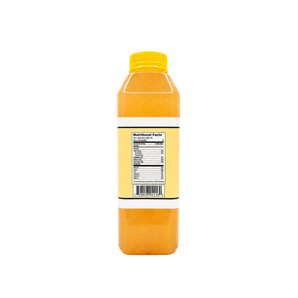 A clear plastic bottle filled with orange colored juice, featuring a bright yellow cap and a yellow label showing the nutritional facts, set against a plain white background.