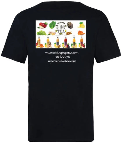 A black short-sleeve t-shirt shown from the back, featuring a large white graphic print on the upper back with illustrations of various foods and tea bottles, along with website and contact information.
