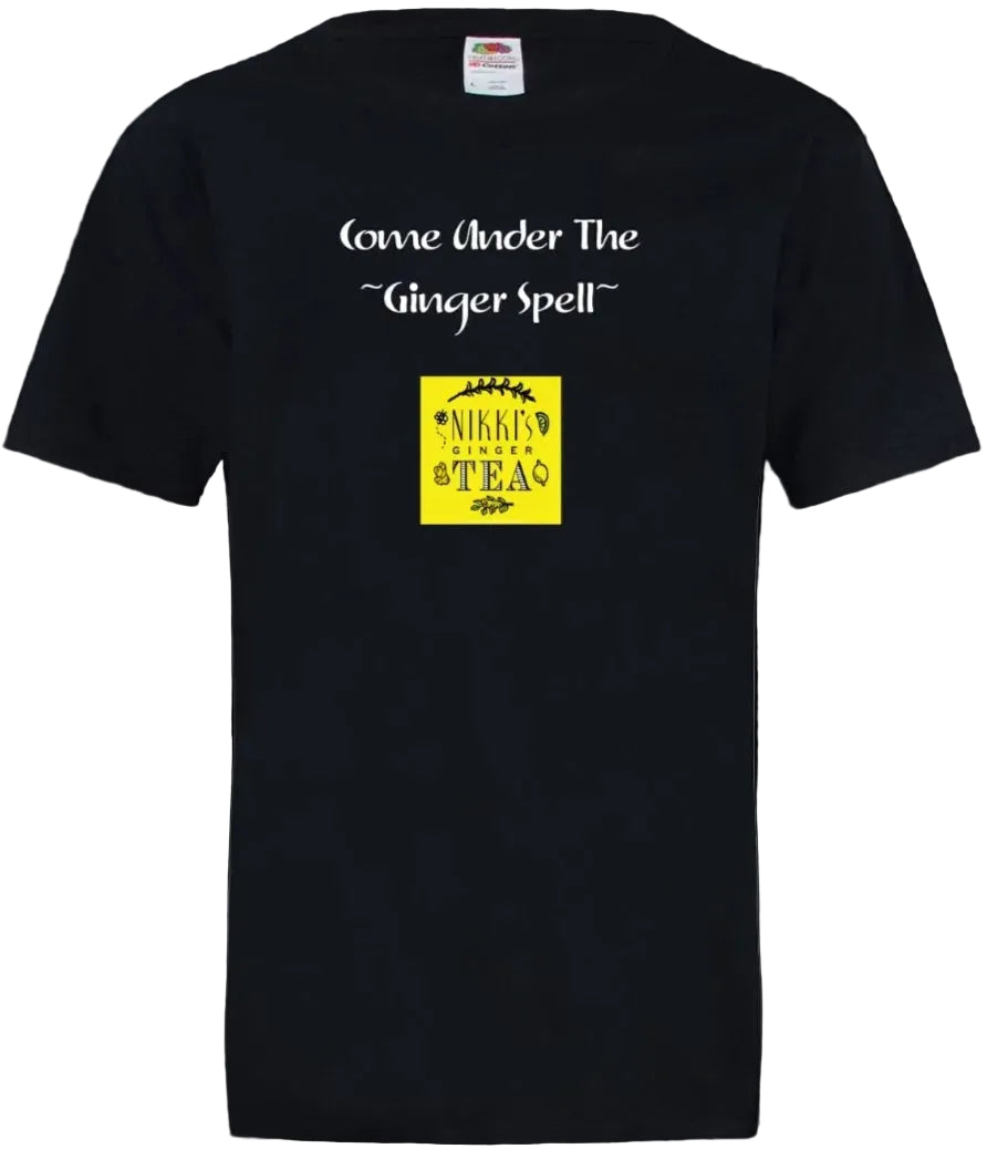 A black short-sleeve t-shirt with white text reading 'Come Under The Ginger Spell' above a yellow square graphic that says 'Nikki's Ginger TEA' with small tea leaf and lemon illustrations.