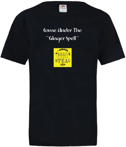 A black short-sleeve t-shirt with white text reading 'Come Under The Ginger Spell' above a yellow square graphic that says 'Nikki's Ginger TEA' with small tea leaf and lemon illustrations.