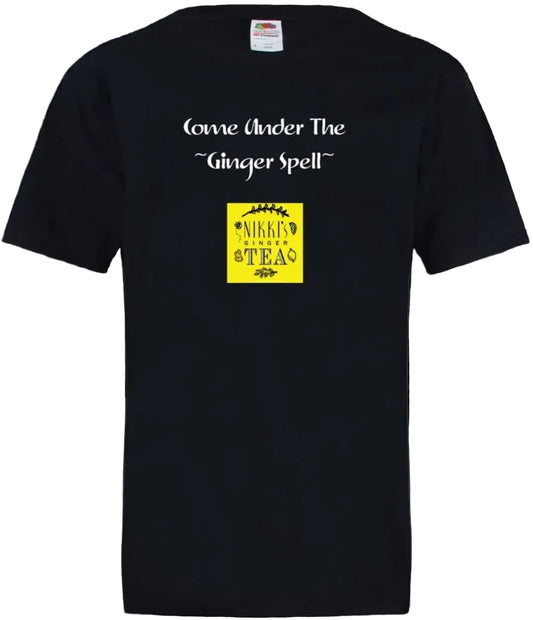A black short-sleeve t-shirt with white text reading 'Come Under The Ginger Spell' above a yellow square graphic that says 'Nikki's Ginger TEA' with small tea leaf and lemon illustrations.
