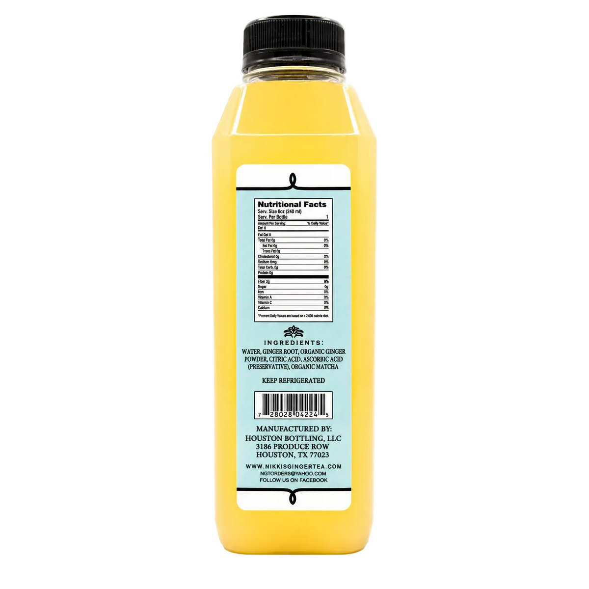 A bottle of yellow juice with a black cap, showing the back label with nutritional facts and manufacturer details, on a white background.