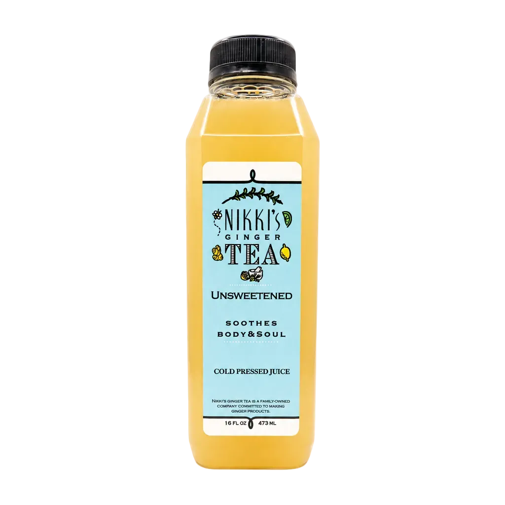 A bottle of Nikki's Ginger Tea Unsweetened cold pressed juice, filled with a golden yellow liquid, featuring a light blue label and a black cap, set against a plain white background.