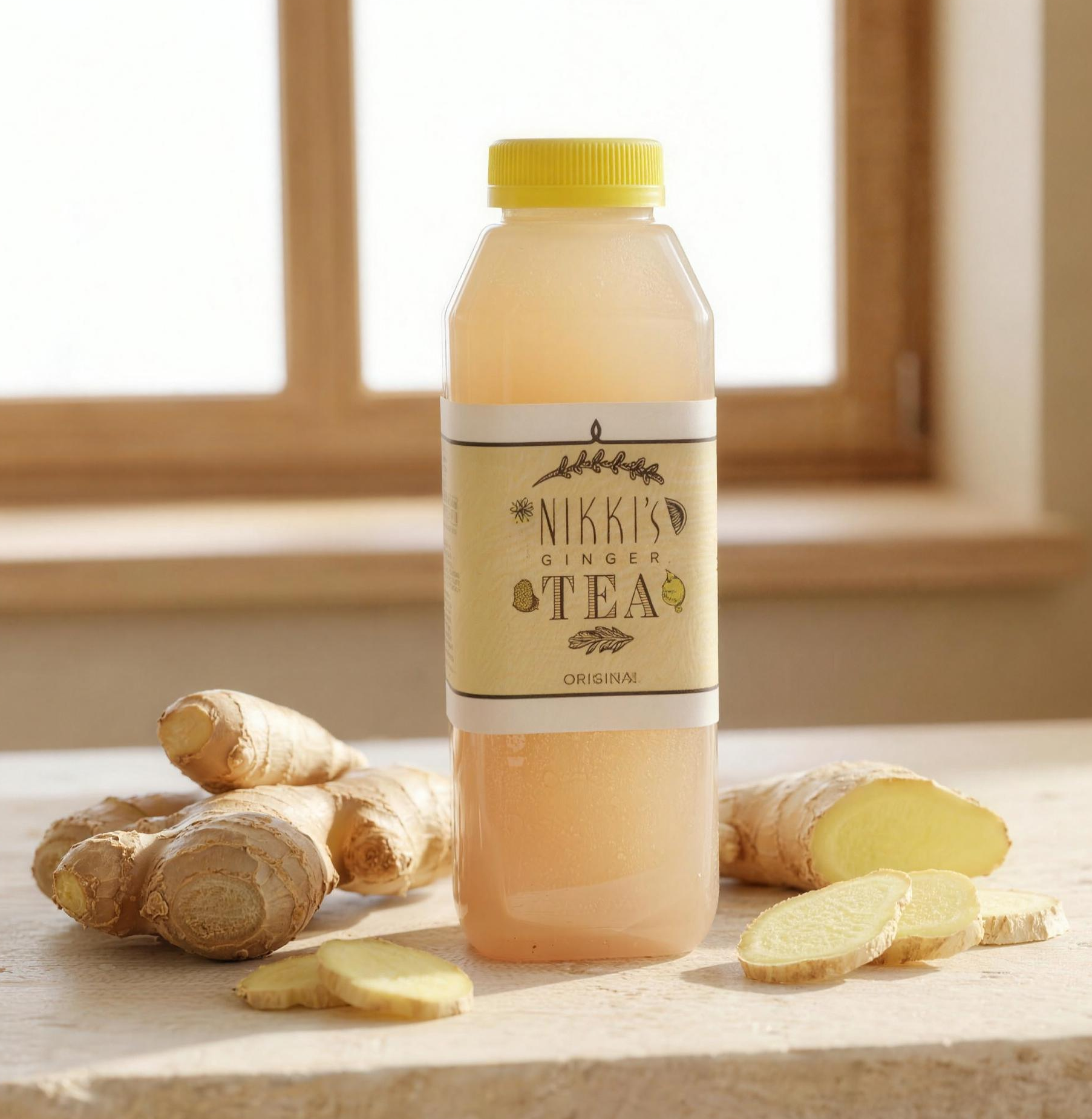 Nikki's Ginger Tea Original bottle with fresh ginger root on a bright counter