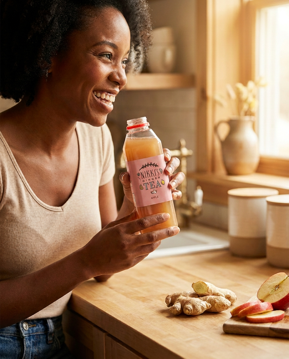 Customer enjoying a bottle of Nikki's Apple Ginger Tea in a bright kitchen