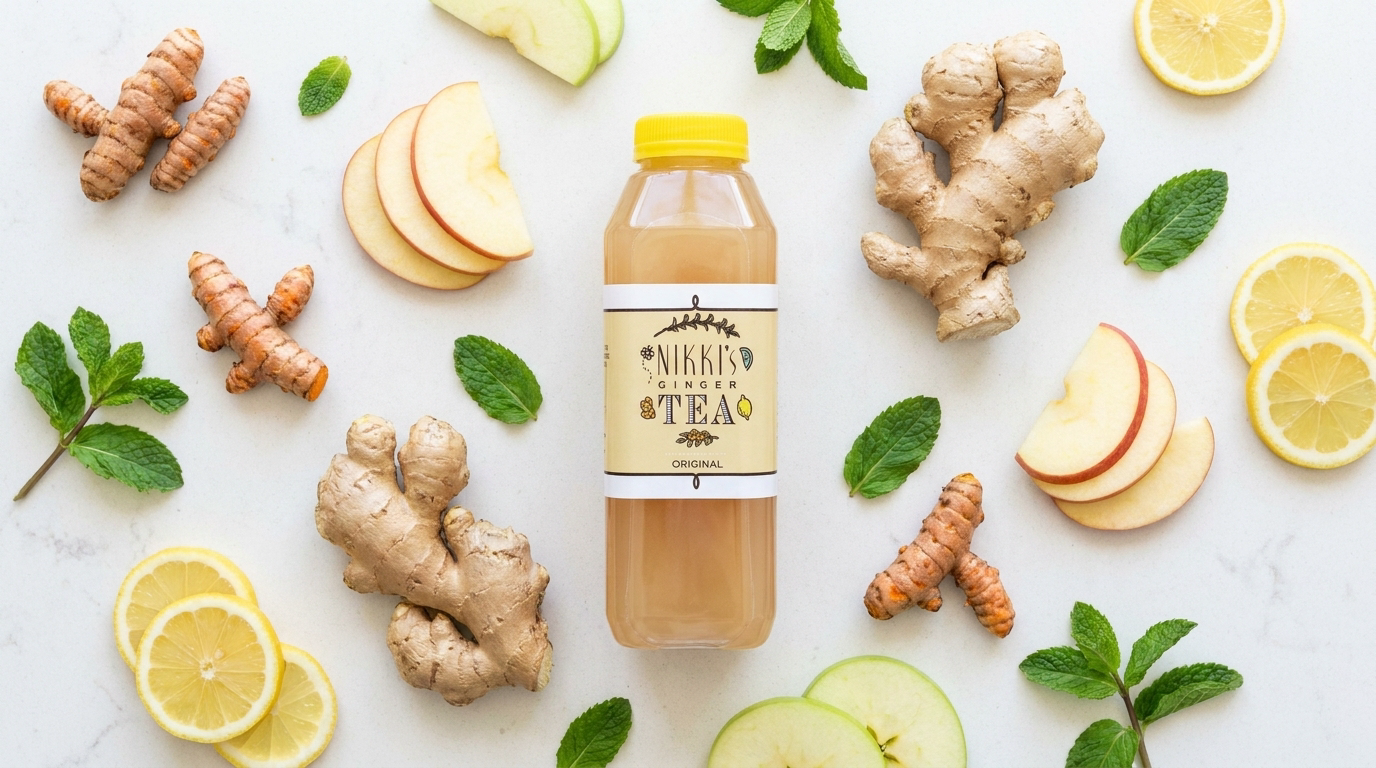 Nikki's Ginger Tea Original bottle in a bright ingredient flat lay with ginger, turmeric, lemon, mint, and apple