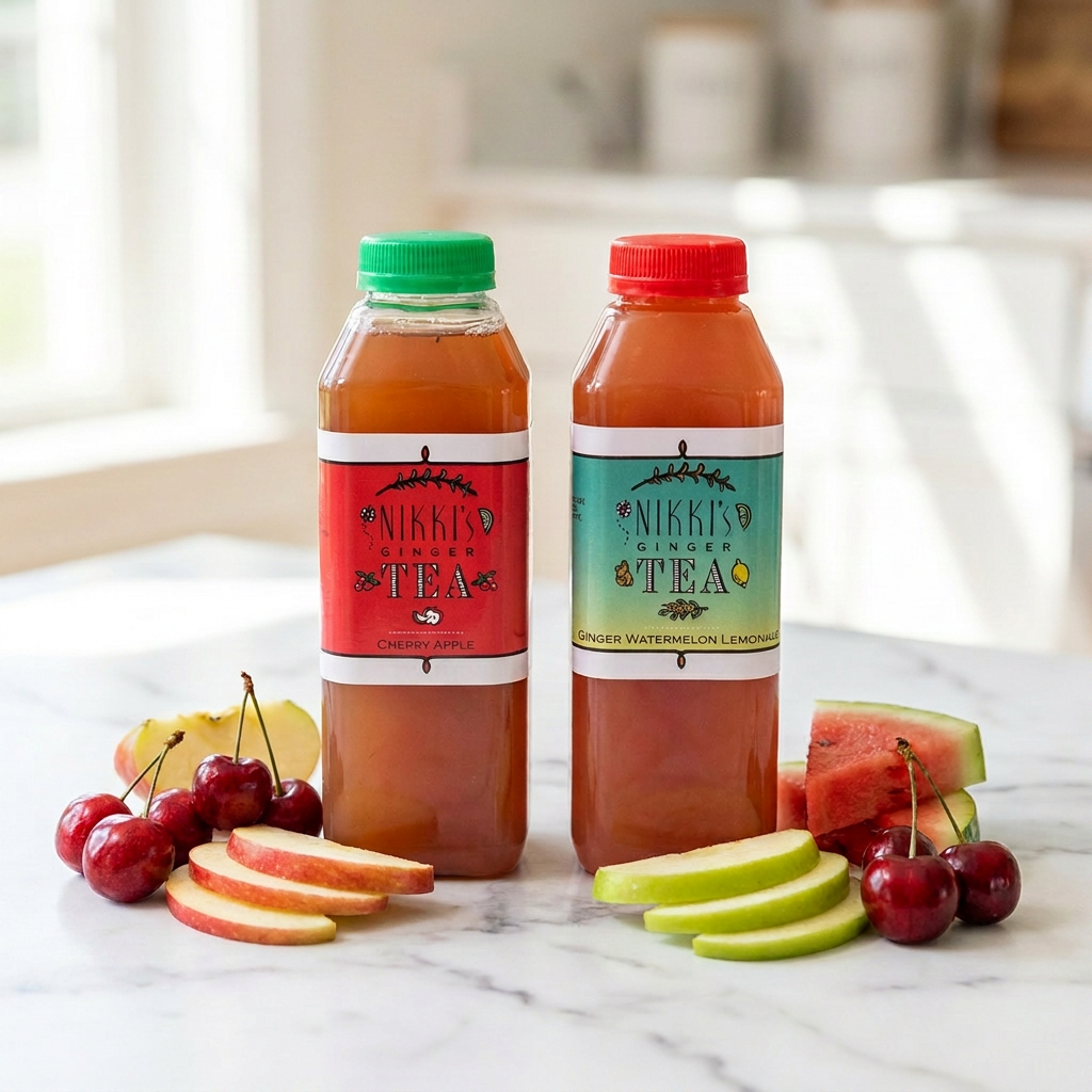 Nikki's Cherry Apple Ginger and Ginger Watermelon Lemonade bottles with fresh cherries, apple, and watermelon